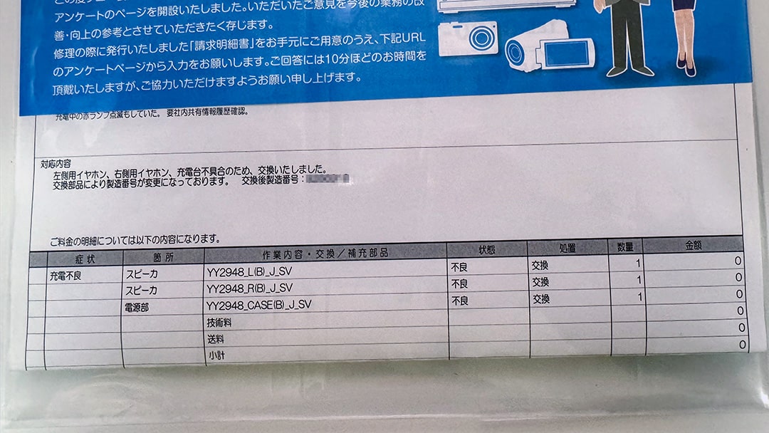 WF-1000XM4が送料・修理費無料で交換されて戻ってきた！